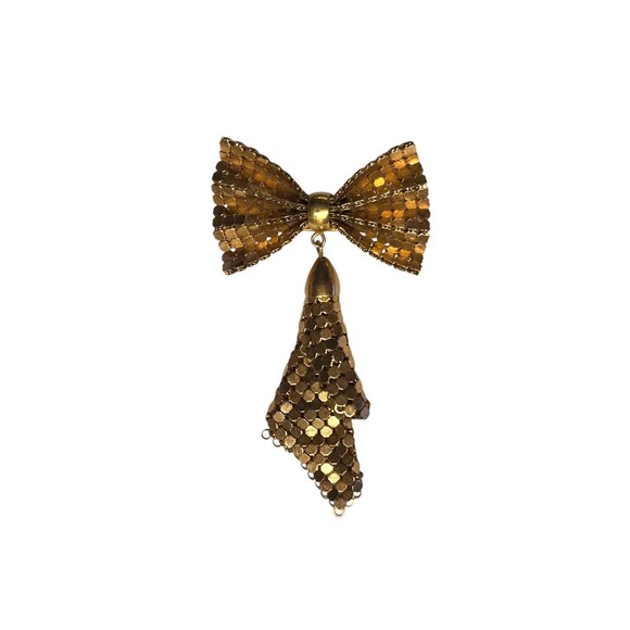 Vintage Gold Tone Metal Chain Mail Sequin Bow Brooch Pin 1950’s‎ Brooch - Picture 1 of 6